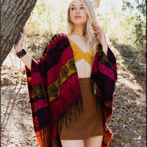 Southwestern Tassel Ruana, Wrap, Coat, Jacket, Kimono in Burgundy or Brown - Picture 4 of 5